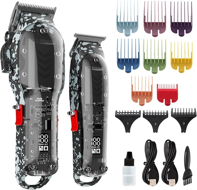 Professional Hair Clippers for Men, Cordless Barber kit for Hair Cutting & Grooming, Black Hair Clippers and Trimmer Set for Barber Haircut with LED Display, 8 Fade Taper Combs