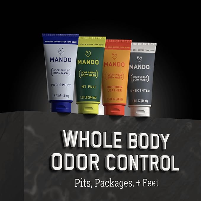Mando Mini Body Wash - 24 Hour Odor Control - Removes Odor Better than Soap - 1.5 Ounce Tubes (Pack of 4, in 4 scents: Bourbon Leather, Pro Sport, Mt Fuji, Unscented)