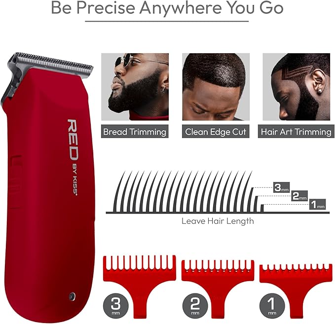Red by Kiss Hair Clipper, Mini Cordless Hair Trimmer, Long Lasting Hair Cutting Kit, USB-C Rechargeable Haircut Beard Trimming Clippers for Men Women Kids, Portable Grooming Kit (Red)