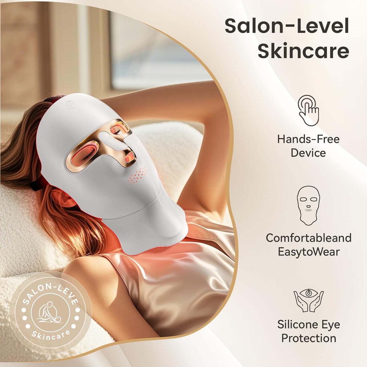 Red Light Therapy Mask for Face & Neck, LED Face Light Therapy,USB C Rechargeable,Infrared Mask for Home Working Travel Yoga (White Gold)