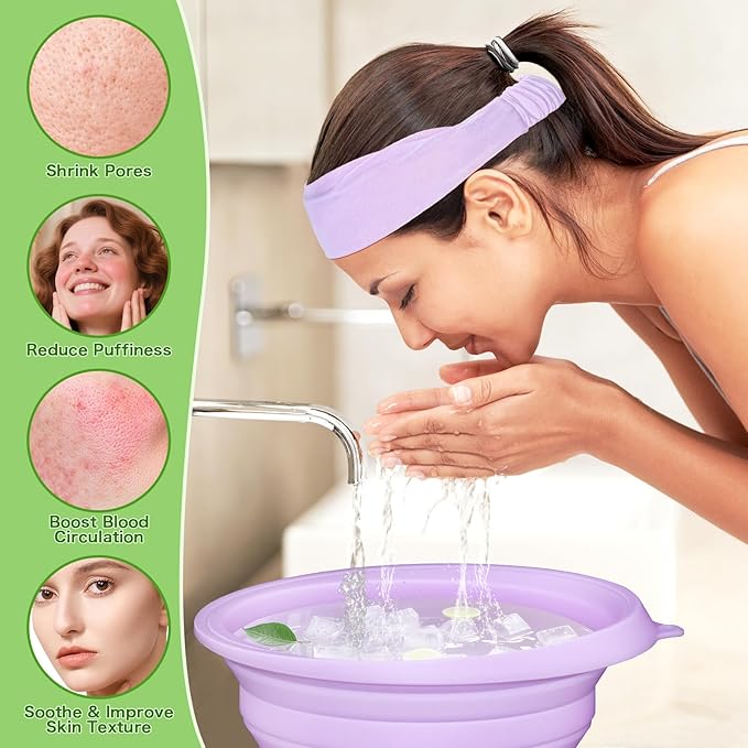 Foldable Ice Bowl with Built-In Ice Tray – Silicone Facial Ice Bath for Shrinking Pores, Boosting Circulation, Cold Plunge Skincare Gift for Men & Women (Purple)