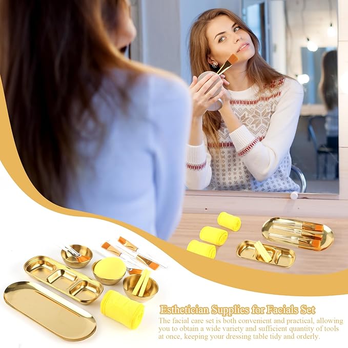 26 Pcs Esthetician Supplies 3 Gold Mixing Bowls Gold Small Serving Tray 3 Compartment Serving Tray 3 Facial Fan Brushes 3 Face Mask Applicator Brush 12 Facial Sponge Compressed Round 3 Hair Band