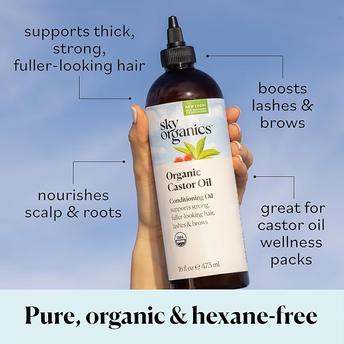 Sky Organics - Castor Oil Organic - Volumizing Hair Oil - Scalp, Lashes, Brows - Pure Castor Oil Cold Pressed - Natural Conditioner - Omega Fatty Acids, Vegan - Beauty, Hair Care, & Self Care - 16oz