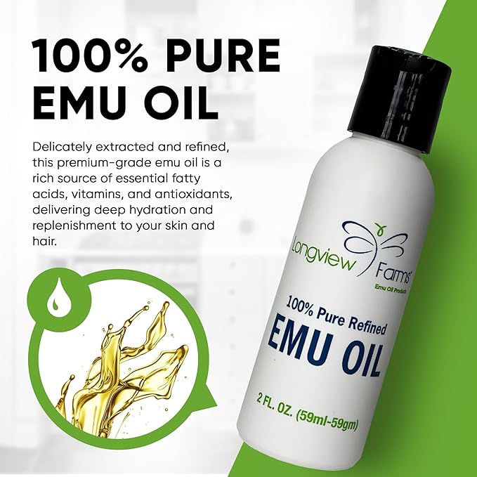 Longview Farms® Emu Oil for Hair and Body - 100% Pure & Refined Emu Oil for Skin & Hair Care | Premium Quality Hydration & Nourishment | 4 Fl. Oz