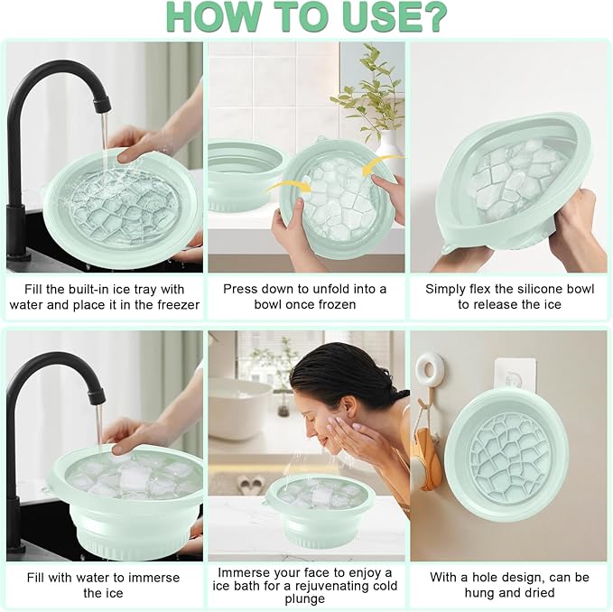 Face Bowl for Ice with Built-in Ice Tray, Collapsible Facial Ice Bath Bowl for Skin Tightening, Acne Relief Cold Plunge Therapy, Portable Spa Tool for Home & Travel (Green)