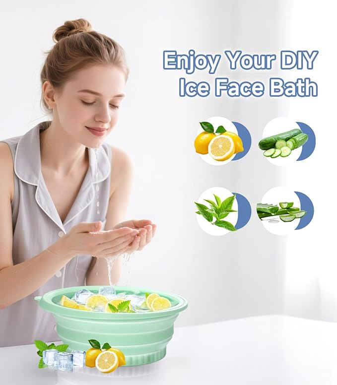 Face Bowl for Ice with Built-in Ice Tray – Collapsible Silicone Facial Ice Bath Bowl for Cold Plunge Therapy, Skin Tightening & Acne Relief – Portable Spa Tool for Home & Travel（Green