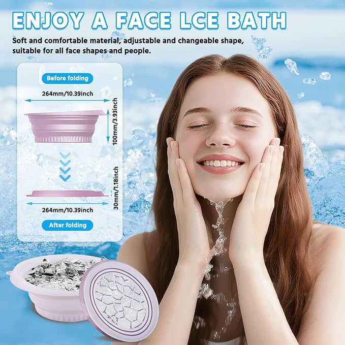 Foldable Silicone Facial Ice Bath Bowl, Ice Face Bowl with Built-in Ice Tray - for Cold Immersion Therapy, Skin Tightening and Acne Relief - Portable Cold Therapy Tool for Home and Travel (Purple)