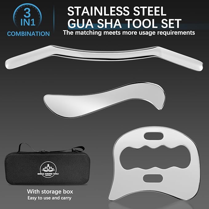 3-in-1 Stainless Steel Gua Sha Muscle Scraper Tool Set，Metal Scraping Tools，Myofascial Scraping Tool for Physical Therapy，Facial/Body Tools＆Derma Edge Massage Tool