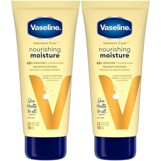 Vaseline Lotion, Intensive Care Nourishing Moisture 2-Pack – Moisturizer with Oat Extract + Ultra-Hydrating Lipids for Healing Extremely Dry Skin, 3.4 Oz Ea