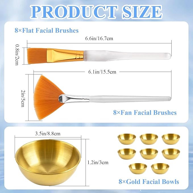24Pcs Esthetician Supplies for Facials Set, Including 8 Gold Stainless Steel Facial Mixing Bowls, 8 Fan Mask Brushes & 8 Flat Brushes, Face Mask Cosmetic Applicators Kit for Spa Home Use