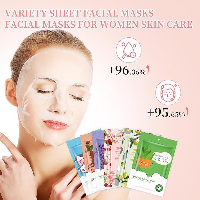 12 Sheets Face Masks Skincare, Moisturize Face Masks Suitable for Sensitive Skin, Hydrate Facial Mask for All Skin Types, Bulk Facial Masks for Women Skin Care, Soothe Face Mask for Spa Party