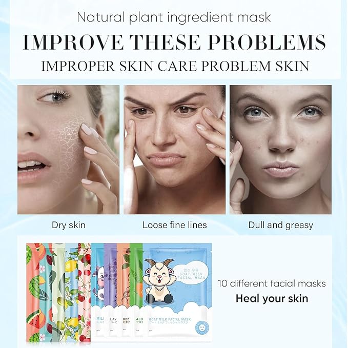 30 Sheets Face Masks Skincare for All Skin Types, Hydrating Face Masks Suitable for All Skin Types, Sheet Masks with Natural Ingredients, Facial Masks for Women Skin Care, Face Mask for Spa