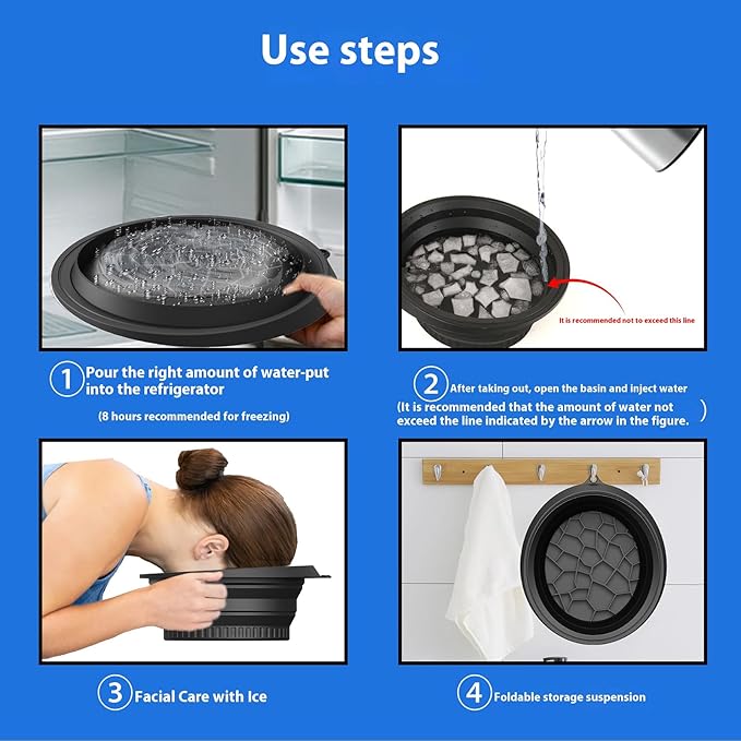 Ice Bowl with Ice Tray, Collapsible Silicone Bowl for Home Ice Water Facials, Facial Ice Therapy for Skin Tightening, Acne Relief and Anti-Inflammation, Portable Spa Tool for Home and Travel (Black)