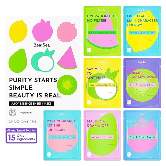 ZealSea Clean Beauty Face Masks Skincare, Minimalism 15 Ingredients Sheet Mask, Dopamine Color Design Facial Mask, Sleepover & Slumber Spa Party Supplies, Women Teen Girl Gifts Trendy Stuff, 7 Pack
