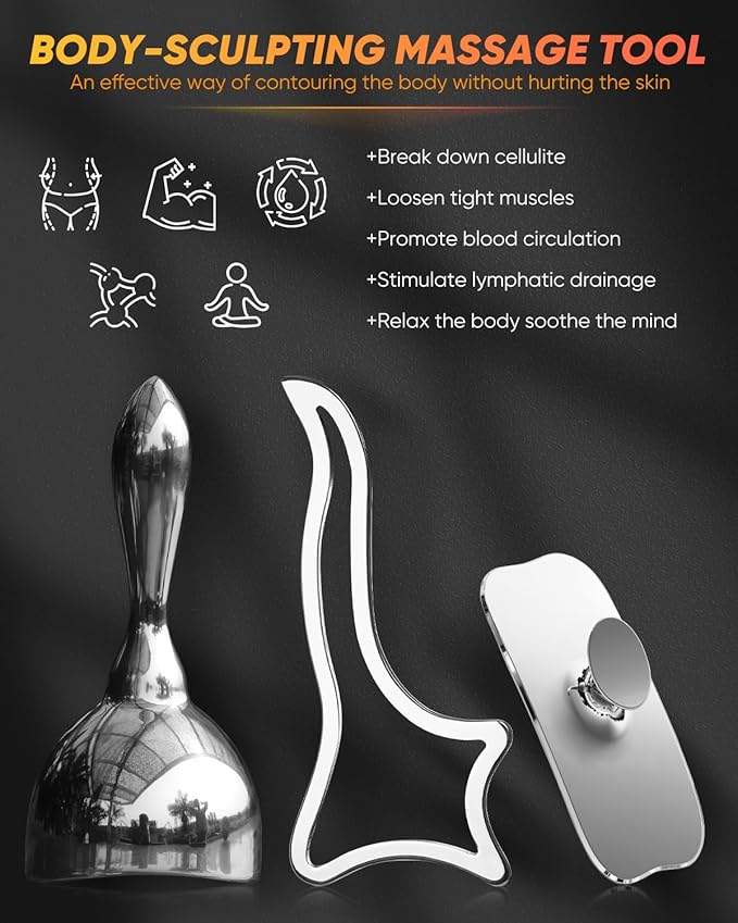 ONUEMP 3-in-1 Stainless Steel Massage Therapy Tools - Ice Gua Sha Muscle Scraper, Fascia Brush & Body Sculpting Cup, Maderoterapia Kit Colombiana for Lymphatic Drainage, Anti Cellulite, Deep Tissue