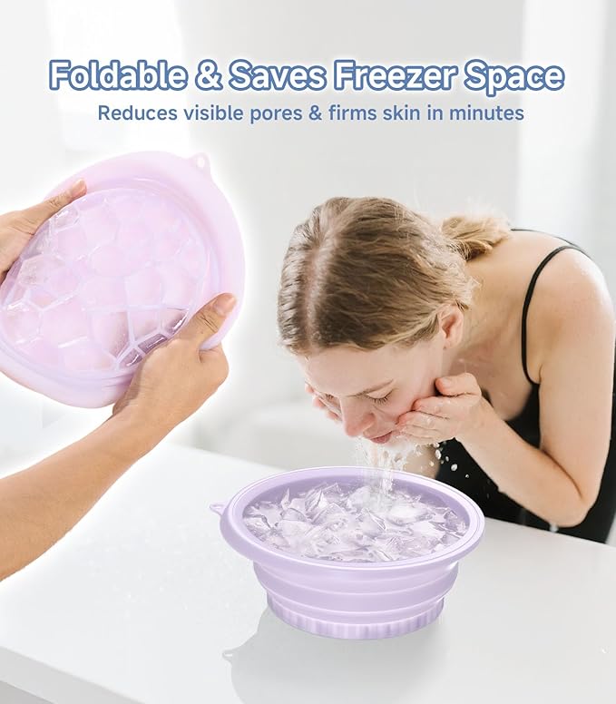 Face Bowl for Ice with Built-in Ice Tray – Collapsible Silicone Facial Ice Bath Bowl for Cold Plunge Therapy, Skin Tightening & Acne Relief – Portable Spa Tool for Home & Travel(Purple)