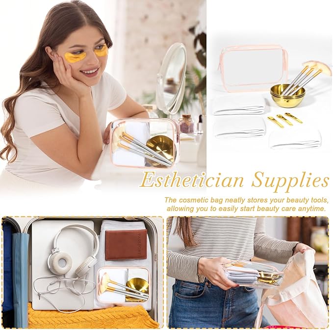 13 Pcs Esthetician Supplies 3 Gold Bowls Stainless Steel 3 Gold Skincare Spatula Metal 3 Facial Fan Brushes 3 White Facial Headbands Esthetician Clear Cosmetic Bag with Zipper for Women Facials
