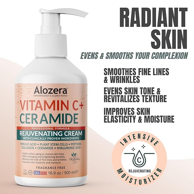 Vitamin C Moisturizer Body Lotion with Ceramides & Stem Cells, Rejuvenating Face & Body Lotion for Noticeably Youthful, Even Skin Tone, Lightweight, Fragrance-Free, 2-Pack 16.9 oz