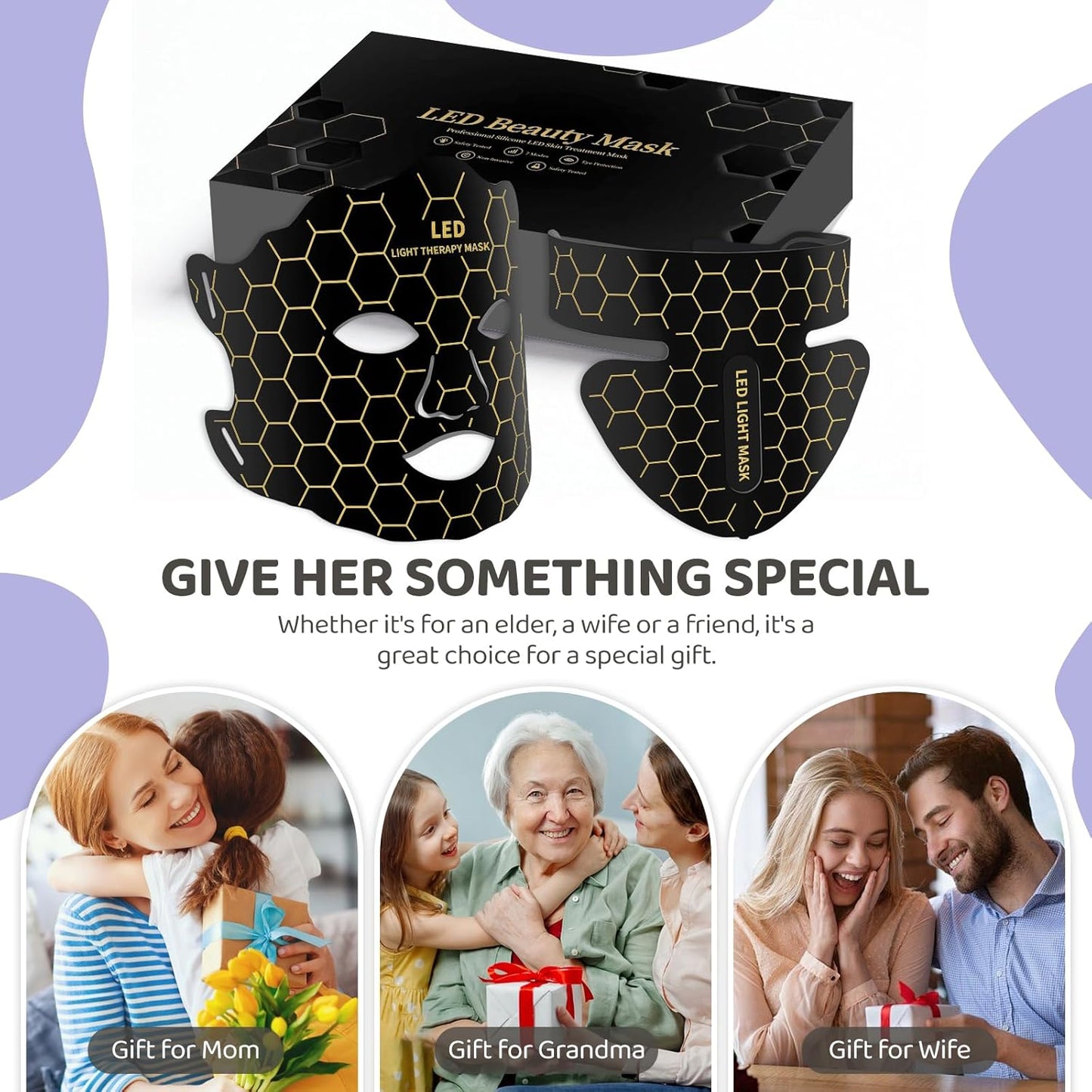 Yahi Red Light Photon Facial & Neck Mask with Remote Control, 7 Custom Modes with Infrared, Portable & Rechargeable with Timer for Home Use, 175 High-Density Light Beads, Black