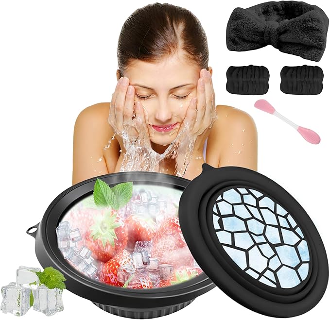 Face Bowl for Ice with Built-In Icetray, Facial Plunge Bowl with Face Wash Headband Wristband Set and Face Mask Brush Applicator, Silicone Ice Facial Foldable Washbasin,Ice Bath for Face (Black)