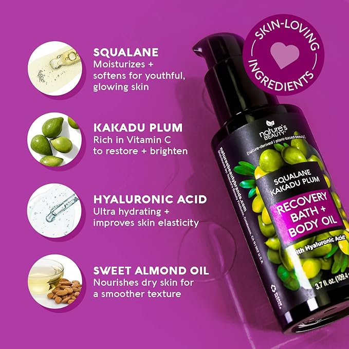 Nature's Beauty Squalane Kakadu Plum Recovery Bath + Body Oil Multi-Pack - Restore & Nourish your Skin, Quick-Absorbing, Made w/Hyaluronic Acid + Vitamin C + Almond Oil, 3.7 fl oz (2 Pack)