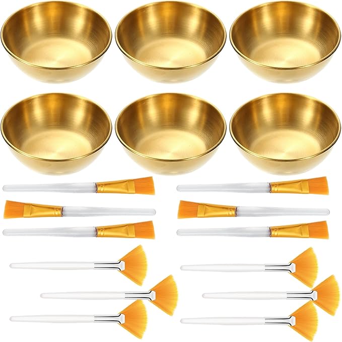 18 Pcs Esthetician Supplies for Facials Set, 6 Gold Stainless Steel Mixing Bowls, 6 Fan Mask Brushes & 6 Flat Applicator Brushes for Estheticians & Home Spa, Facial Mask Mixing Kit