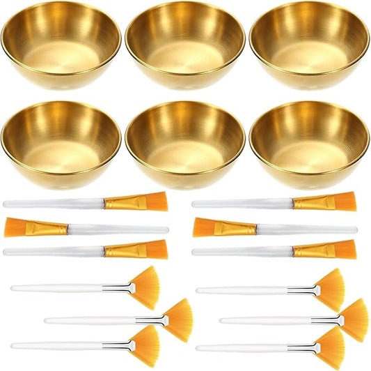 18 Pcs Esthetician Supplies for Facials Set, 6 Gold Stainless Steel Mixing Bowls, 6 Fan Mask Brushes & 6 Flat Applicator Brushes for Estheticians & Home Spa, Facial Mask Mixing Kit