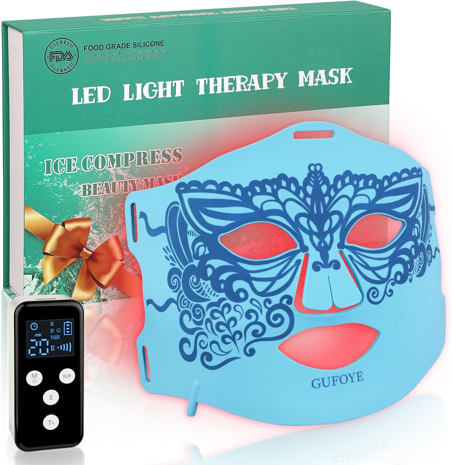 Red Light Therapy for Face with Ice Compress, 850nm Infrared Red Light Therapy, 8 Light Modes Led Face Mask Light Therapy, 4 in 1 lamp beads, 3000mAh, Facial light therapy devices for Home, Blue