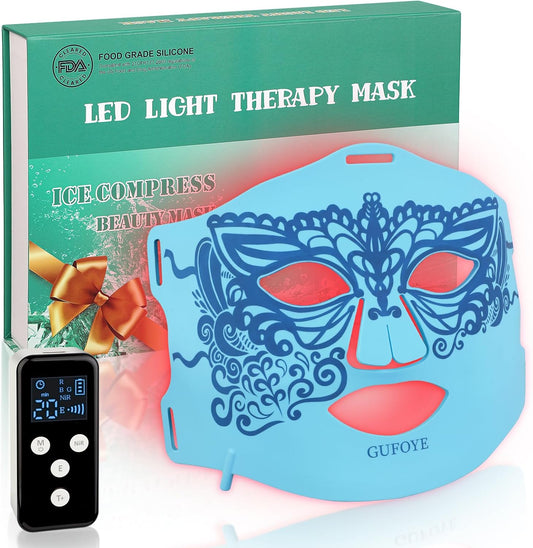 Red Light Therapy for Face with Ice Compress, 850nm Infrared Red Light Therapy, 8 Light Modes Led Face Mask Light Therapy, 4 in 1 lamp beads, 3000mAh, Facial light therapy devices for Home, Blue