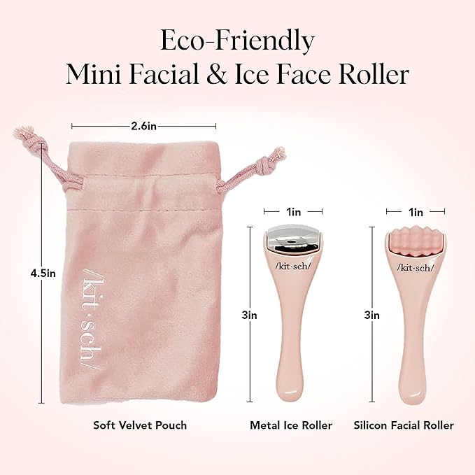 Kitsch Mini Facial Roller & Ice Face Roller Skin Care Tool Set for Women - Face Massager for Puffy Eyes, Cold Therapy, Lymphatic Drainage Massager, Self Care Gifts for Women & Men - Blush