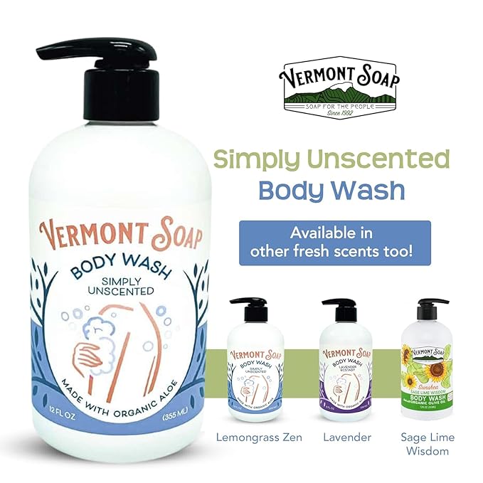 VERMONT SOAP Body Wash, Natural Body Wash with Shea Butter, Mild Gel Body Wash for Moisturizing and Soothing Skin, Fragrance Free Body Wash for Women & Men (Simply Unscented, 12oz)