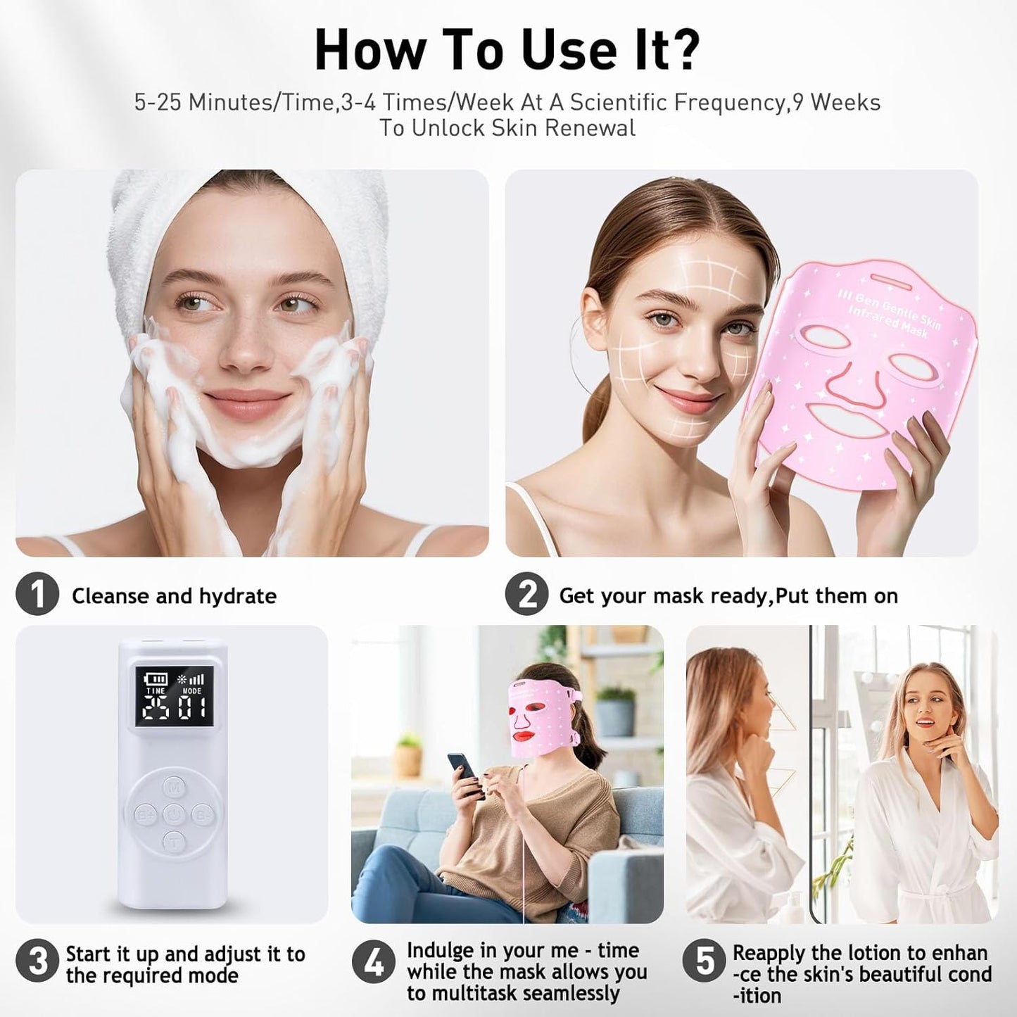 Red Light for Face,Heated LED Face Mask Light,25°C-32°C Heated Infrared Red Face Mask Light,Anti-Aging Infrared Mask