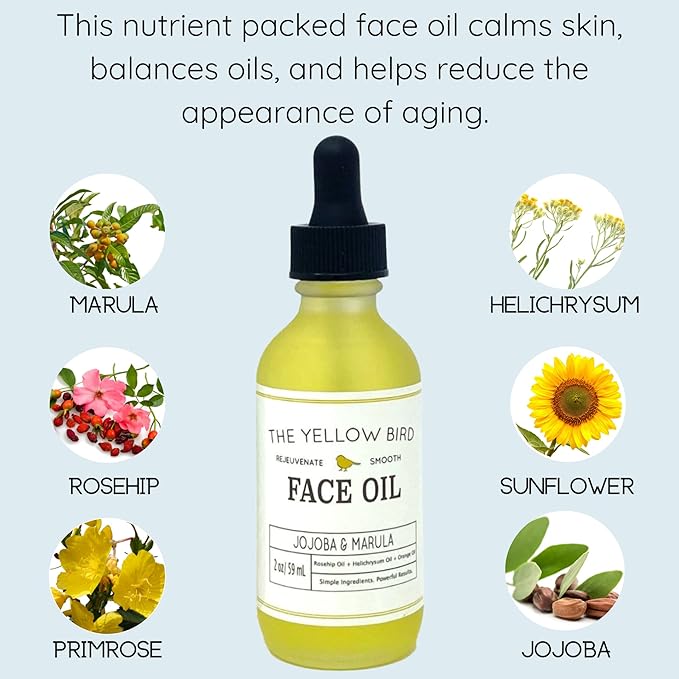 Yellow Bird Nourishing Face Oil - All Natural Hydrating, Anti Aging Facial Serum. Includes Jojoba, Marula, Primrose, & Rosehip for Restoring Skin