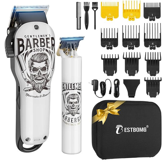 BESTBOMG® Hair Clippers & Trimmer Ceramic T-Blade Cordless Haircut Sets Rechargeable 2000mAh/1200mAh with 10 Guide Combs & for Men/Father/Husband/Boyfriend