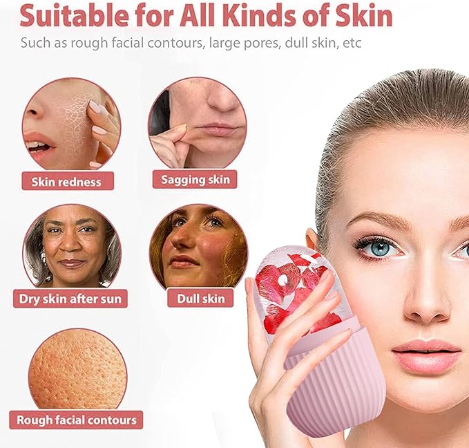 XHJRI Ice Face Roller Massager,Ice Cube Roller for Face, Eyes and Neck Naturally Conditioning and Skin Care,De-Puff Eye Bags,Reduce Migraine Pain,Reusable Massage Silicone Ice Mold (Pink White)