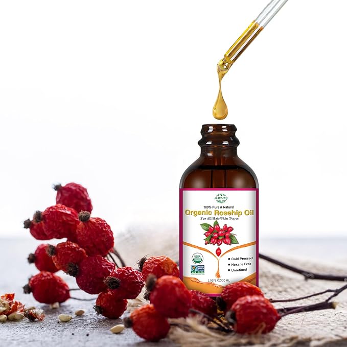Organic Rosehip Seed Oil for Face, USDA Certified, Cold Pressed, Unrefined, 100% Pure Natural Rose Hip Oil (1oz / 30ml) for Anti-Aging, Acne Scar Treatment, Skin & Hair Care, Gua Sha Massage