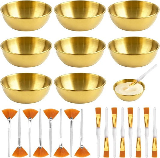 24Pcs Esthetician Supplies for Facials Set, Including 8 Gold Stainless Steel Facial Mixing Bowls, 8 Fan Mask Brushes & 8 Flat Brushes, Face Mask Cosmetic Applicators Kit for Spa Home Use