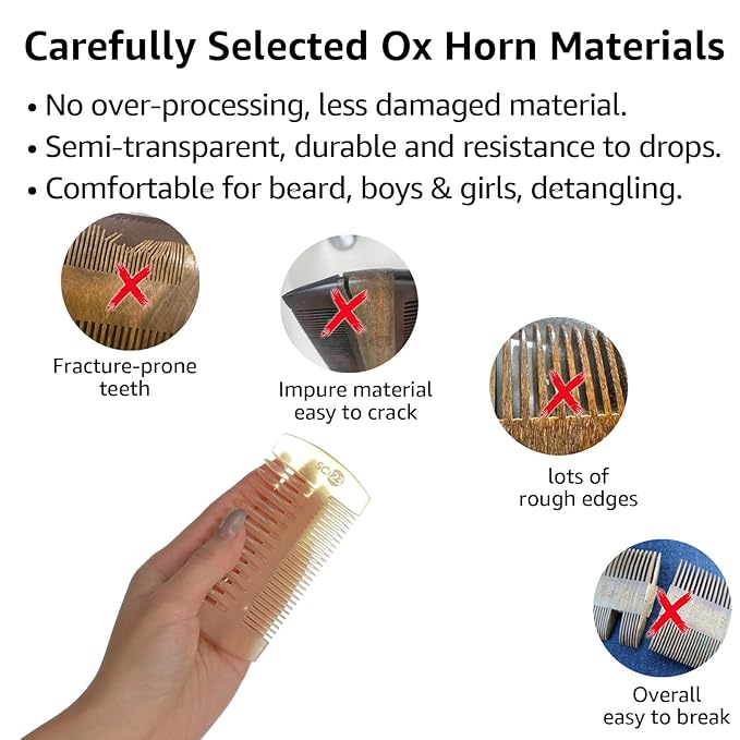 Untreated 4.3 inch Real Ox Horn Curly Hair Beard Mustache Comb, Handmade Fine Wide Tooth Double Sided Small Pocket Travel, Anti-static Detangling Massage Scalp Gua sha for Women Men