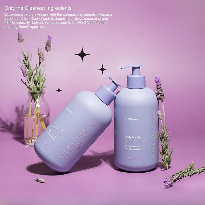 Vitasana Natural Body Wash for Sensitive Skin, 16oz – Lavender Citrus Scent, Plant-Based, EWG Verified, Hypoallergenic, Paraben-Free, Sulfate-Free, Cruelty-Free