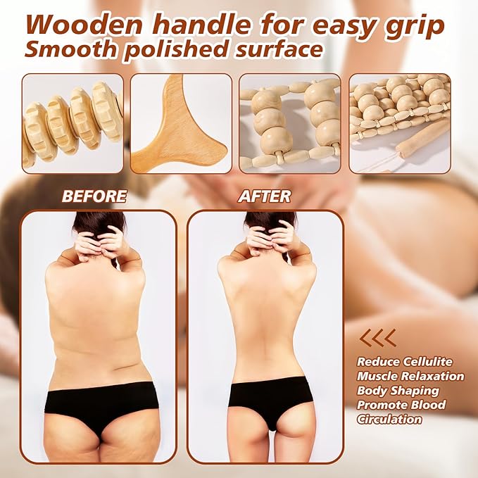Wood Therapy Tools for Body Shaping,8 in 1 Wood Therapy Massage Tools,Wooden Gua Sha Tools,Lymphatic Drainage Massager,Maderoterapia kit,Wooden Massager Roller Rope for Body Shaping, Beige