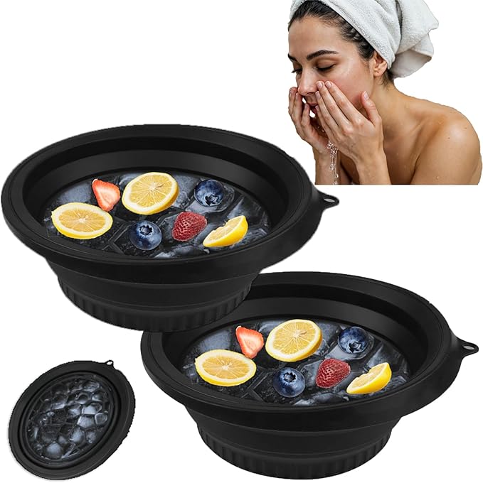 2PCS Large Bowl for Face Ice Bath Foldable Basin with Built-in Ice Tray Collapsible Silicone Bowl for Dipping Face Bath Portable Spa Tool for Home & Travel Reducing Puffiness (Black)