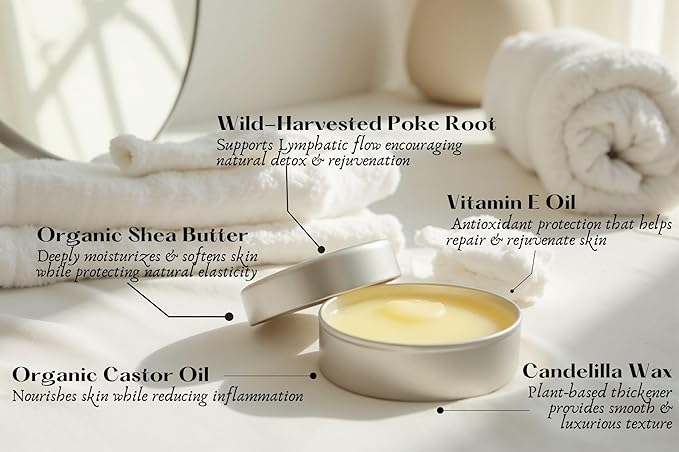 Poke Root & Castor Oil Salve -2oz- Cysts, Boils, Fibroids, Swollen Lymph Nodes, Breast & Joint - Vegan Lymphatic Support Massage Balm - Natural Deep Tissue Ointment