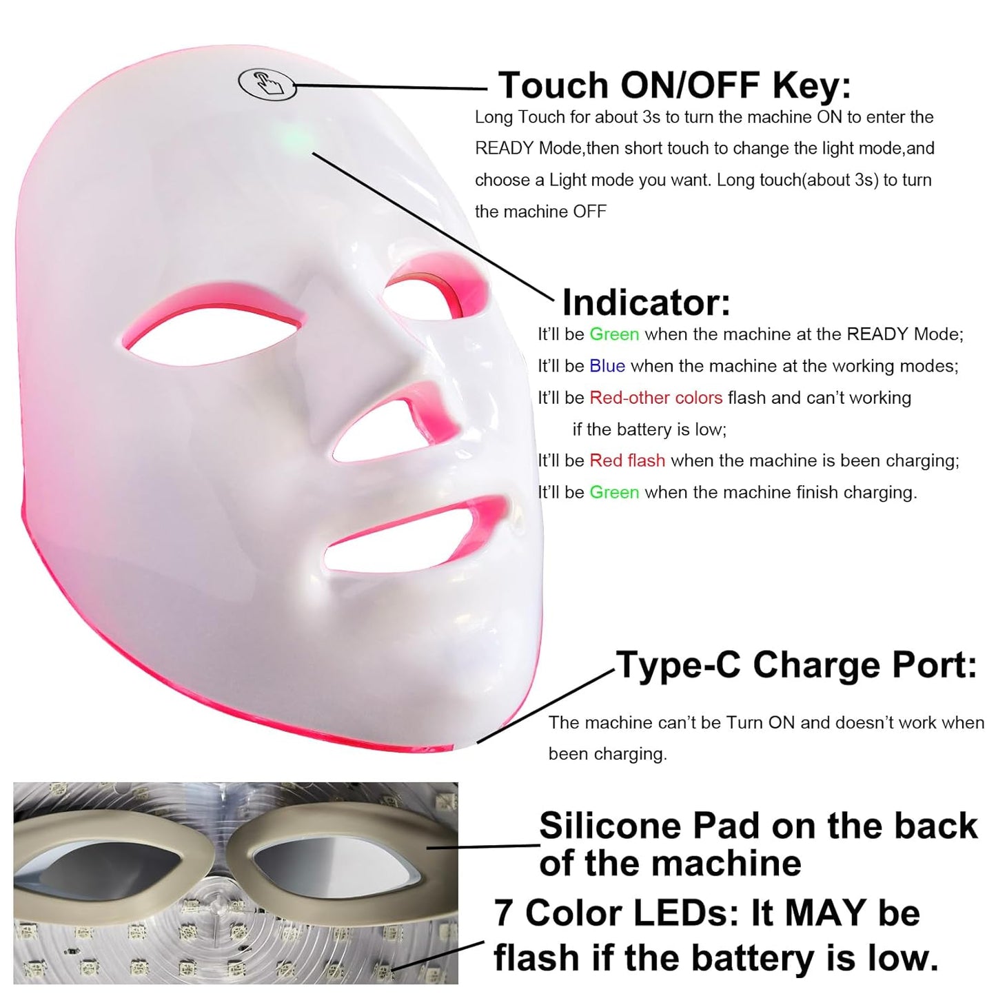 Red Light Therapy Mask for Face, Blue Red LED Light Therapy Device, 7+1 Colors LED Facial Skin Care Mask At Home, USB Rechargeable,Portable