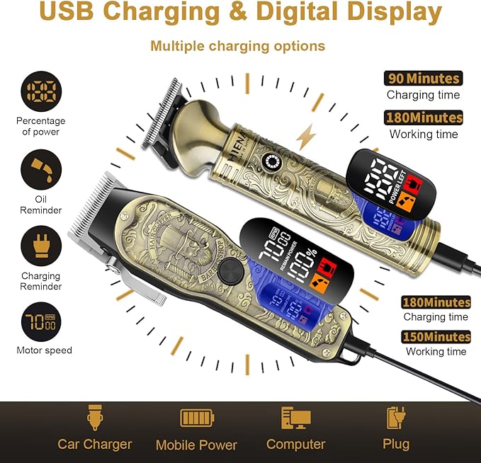 Hair Clippers for Men Professional, Cordless Barber Clipper T-Blade Beard Trimmer Nose & Body Hair Trimmer Foil Shaver Grooming Kit, Electric Full Men's Hair Cutting Kit with 17 Guide Combs