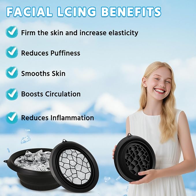Foldable Silicone Facial Ice Bath Bowl, Ice Face Bowl with Built-in Ice Tray - for Cold Immersion Therapy, Skin Tightening and Acne Relief - Portable Cold Therapy Tool for Home and Travel (Black)