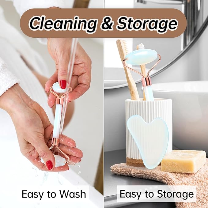 Opal Gua Sha and Face Roller, Real Jade Gua-Sha Stone Facial Tools Set for Reduce Puffiness, Body Guasha Tool for Relieve Neck Tension, SinkCare Beauty Massager as Present for Women,Opal