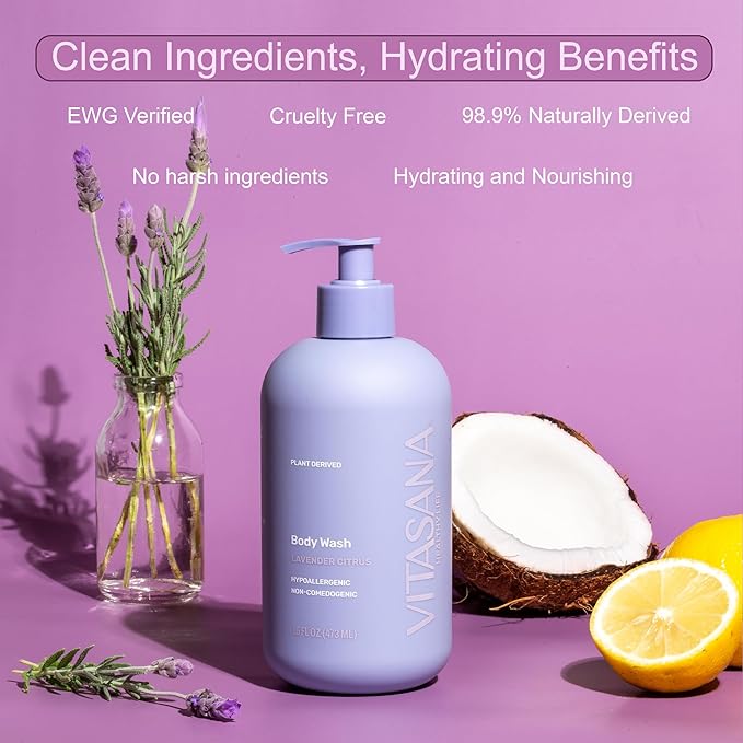 Vitasana Natural Body Wash for Sensitive Skin, 16oz – Lavender Citrus Scent, Plant-Based, EWG Verified, Hypoallergenic, Paraben-Free, Sulfate-Free, Cruelty-Free