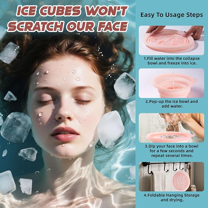 Face Bowl for Ice with Built-In Icetray, Silicone Ice Facial Foldable Washbasin,Ice Bath for Face,Facial Plunge Bowl, Face Icebath at Home, Pink
