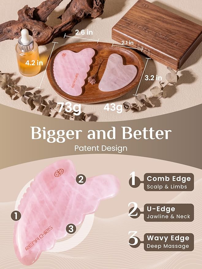 Rena Chris Gua Sha Facial Tool, Natural Rose Quartz Stone Body Gua sha with Exquisite Wooden Box, Large Guasha Suitable for Face Lifting, Puffiness Reducing and Whole-Body Massage, Skin Care Massager