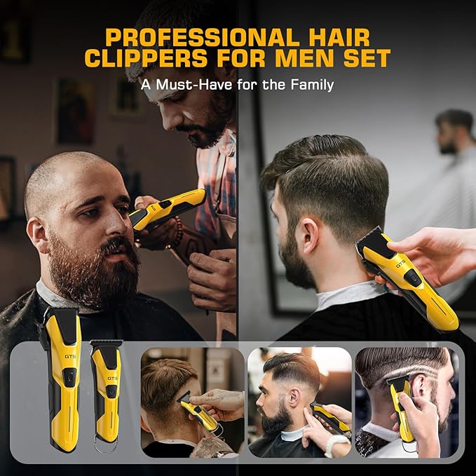 Professional Hair Clippers for Men, Professional Barber Clippers and Trimmer Set, Mens Cordless Hair Clipper for Barbers Haircut Kit Fade Yellow